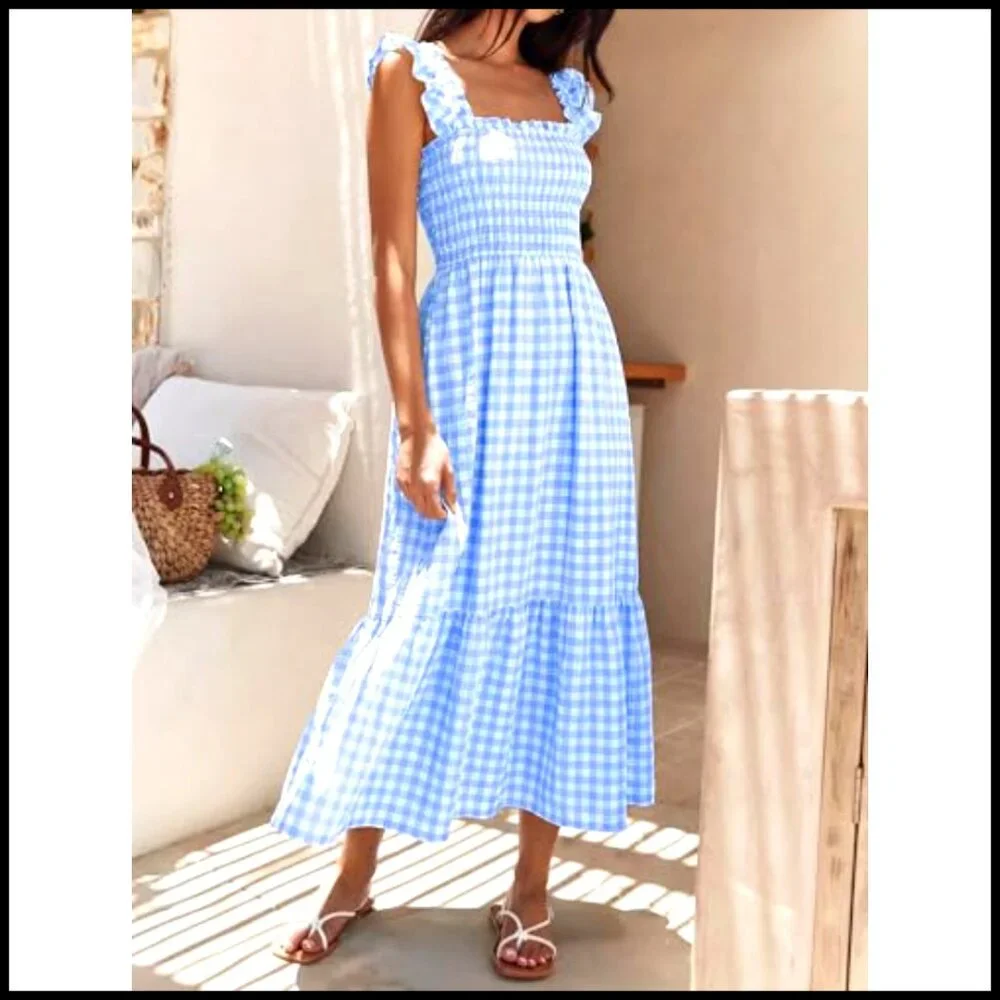 Summer Maxi Dress Spaghetti Strap Smocked Gingham Casual Long Sundress - Picture 4 of 7